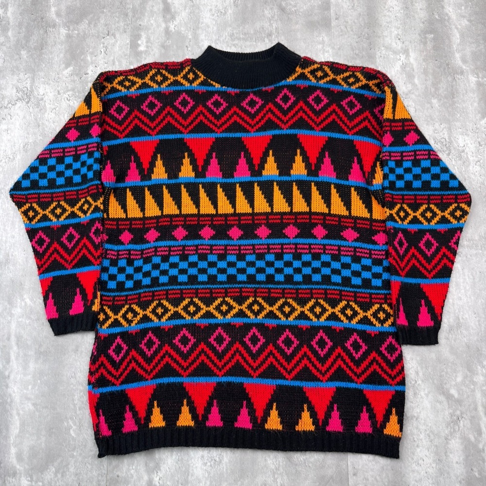 Vintage Croquet‎ Club Sweater Adult Medium Retro Neon Geometric Knit USA